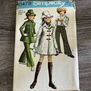 60s Girls' Mini Coat + Bell Bottom Pants + Brimmed Hat | Simplicity 8478